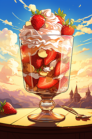 可爱草莓巴菲甜品奶油蛋糕插画