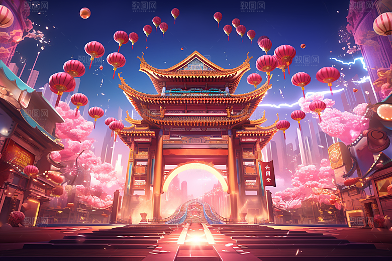 国潮电商展台高清红色背景