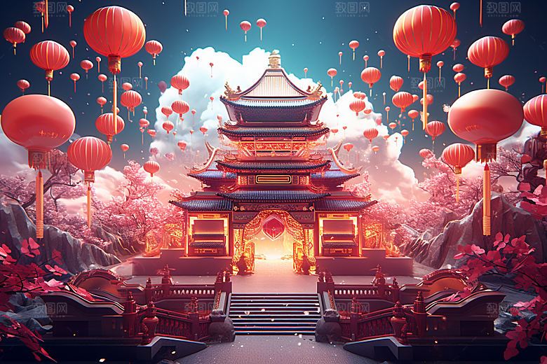 国潮电商展台礼品新年背景