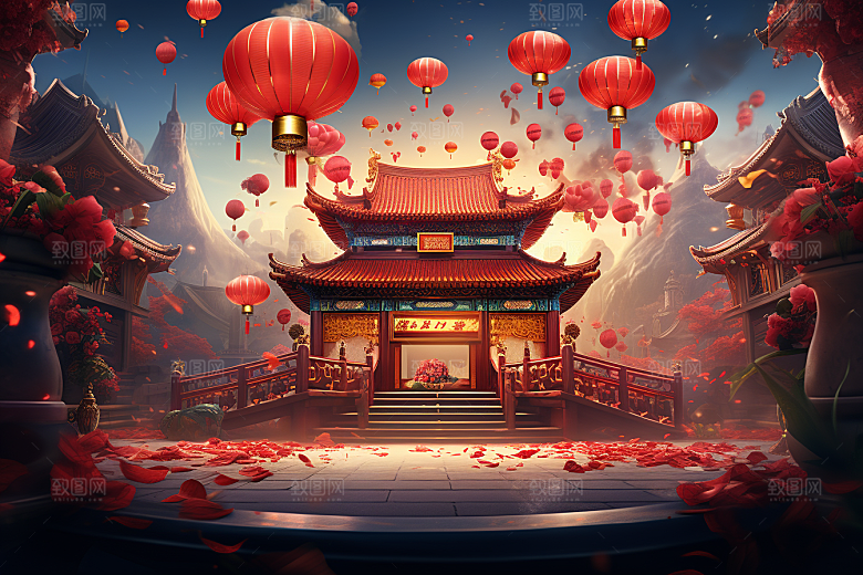 国潮电商展台3D喜庆背景