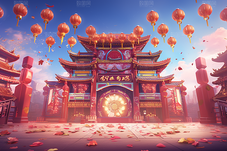 国潮电商展台红色春节背景