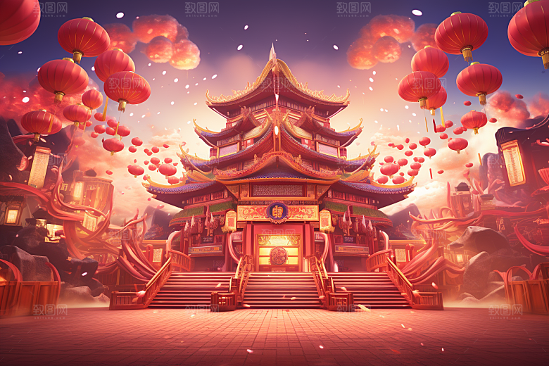 国潮电商展台中国风立体背景