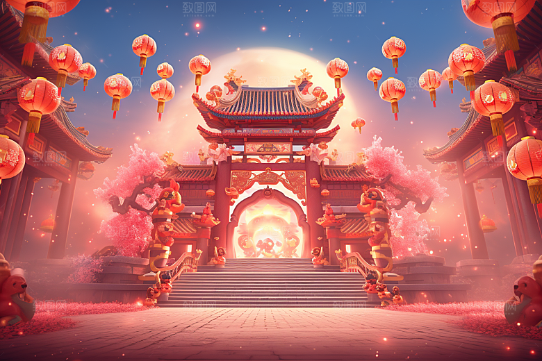 国潮电商展台春节3D背景