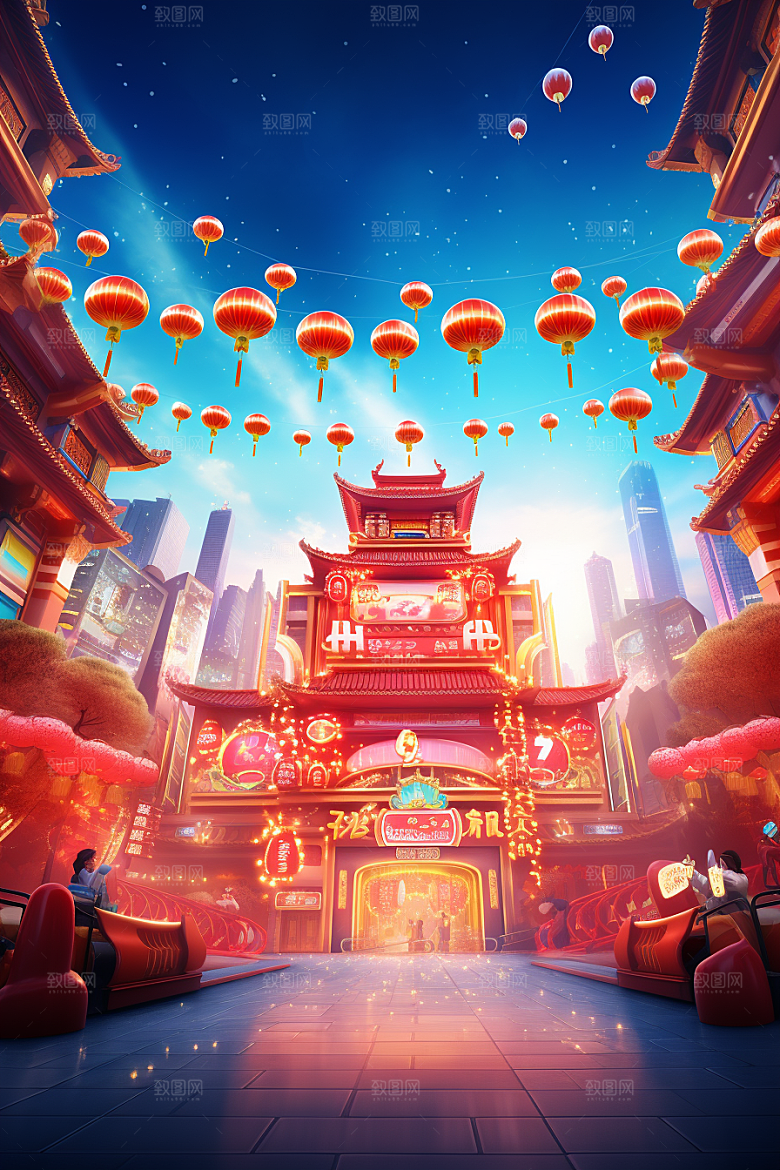 国潮电商展台礼品红色背景