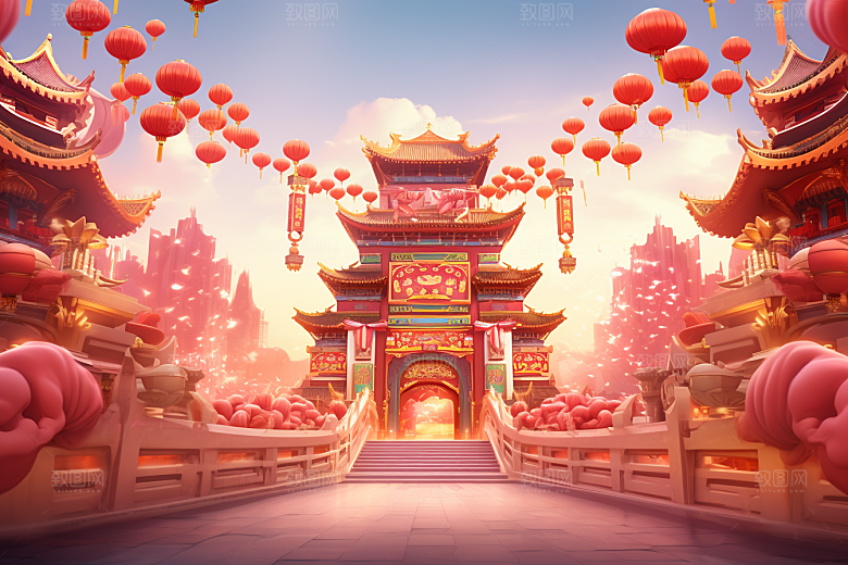 国潮电商展台红色礼品背景