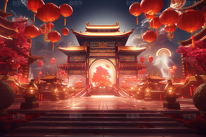 国潮电商展台立体中式元素背景