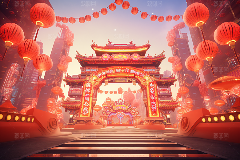 国潮电商展台3D礼品背景