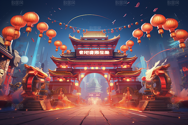 国潮电商展台红色喜庆背景