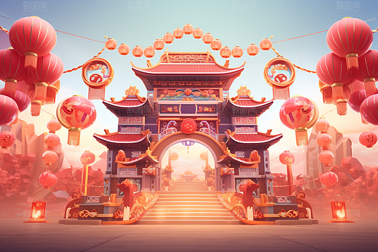 国潮电商展台中式元素中国风背景