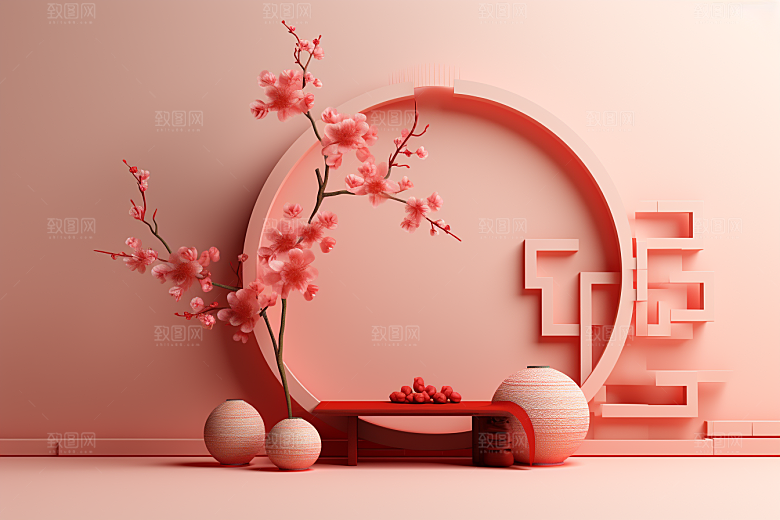 国潮电商展台新年中式元素背景