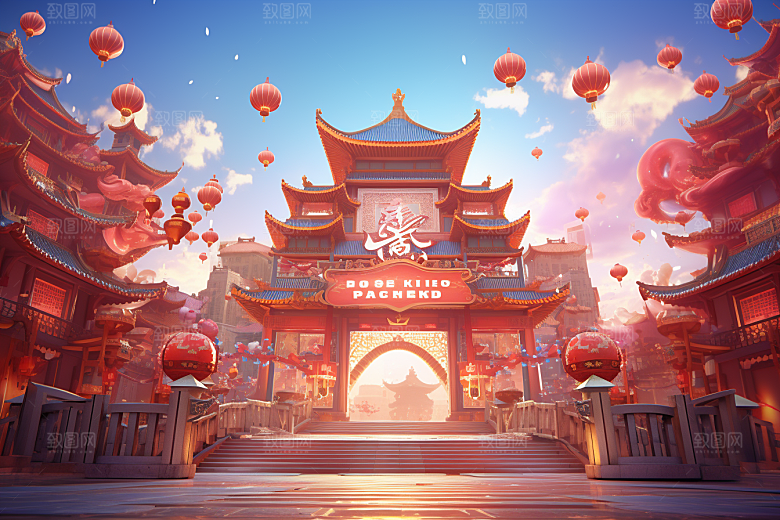 国潮电商展台高清3D背景