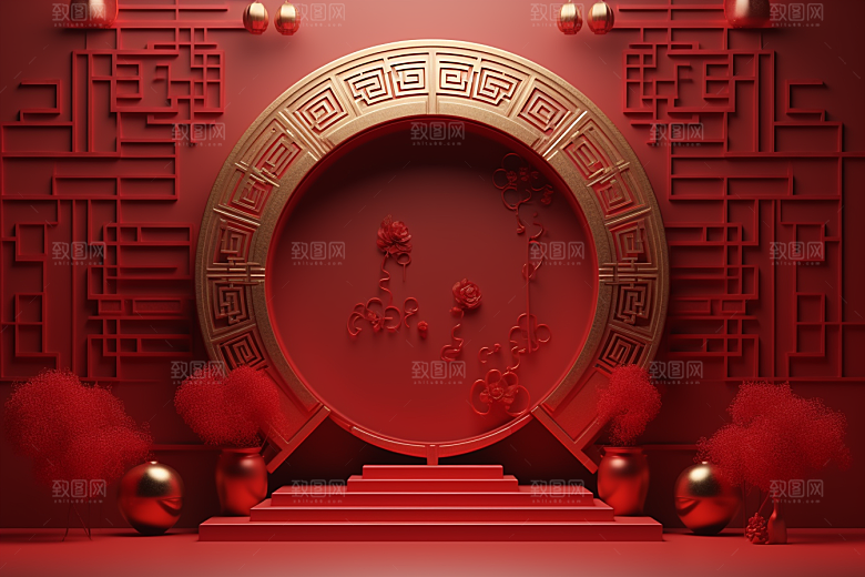 国潮电商展台3D中式元素背景