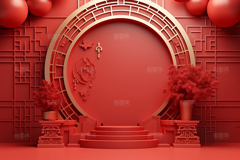 国潮电商展台中国风3D背景
