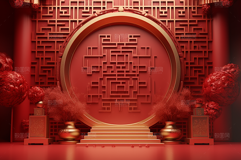 国潮电商展台喜庆3D背景