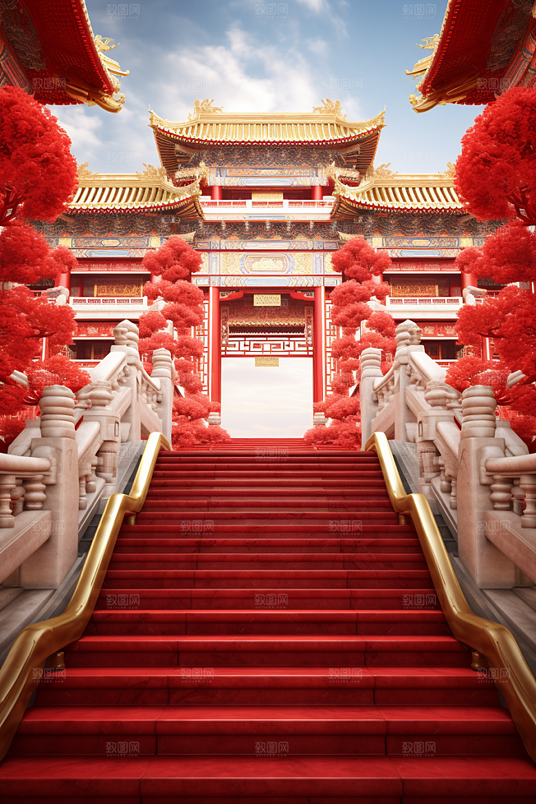 国潮电商展台喜庆立体背景