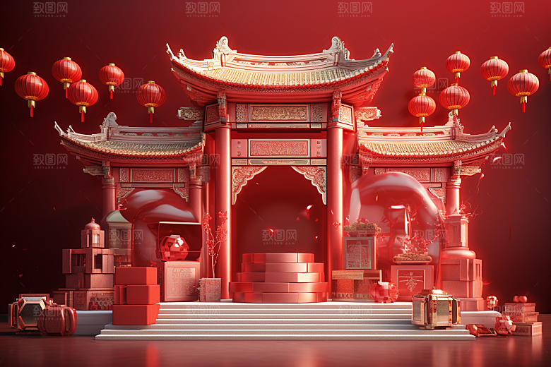 国潮电商展台新年礼品背景