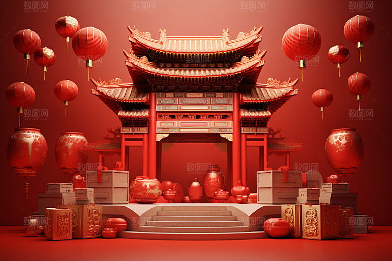 国潮电商展台中国风新年背景