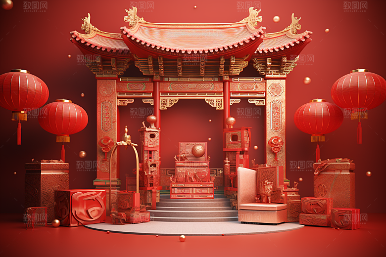 国潮电商展台高清喜庆背景