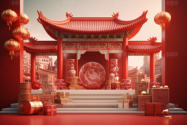 国潮电商展台中式元素红色背景