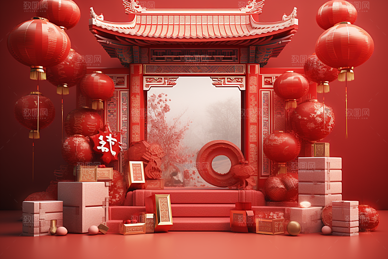 国潮电商展台红色中国风背景