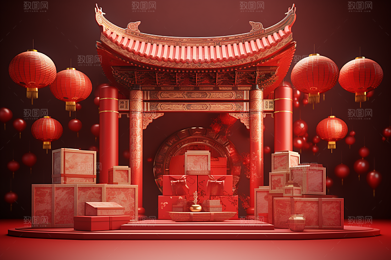 国潮电商展台新年年货背景