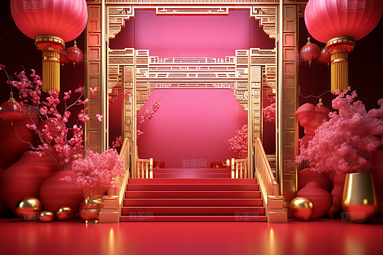 国潮电商展台高清红色背景