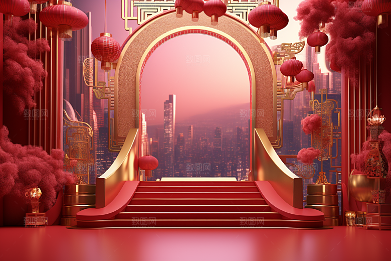 国潮电商展台3D春节背景