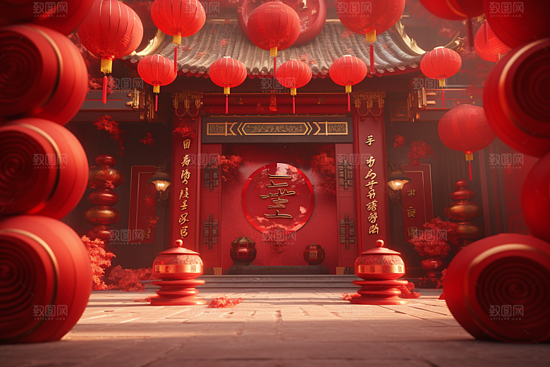 国潮电商展台新年喜庆背景