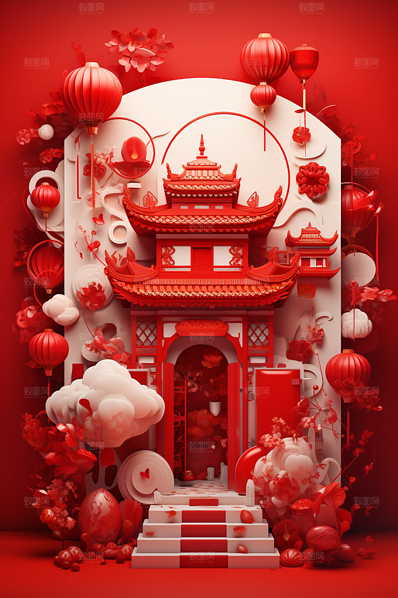 国潮电商展台立体中国风背景