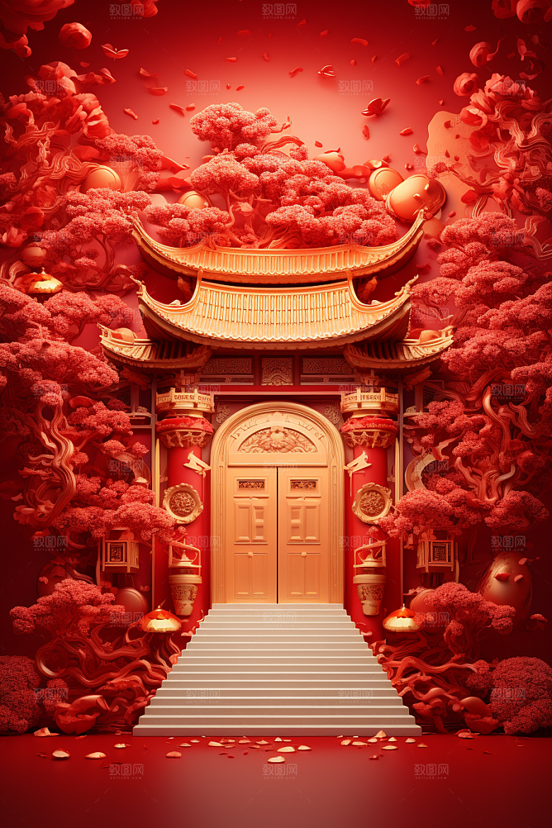 国潮电商展台中式元素红色背景