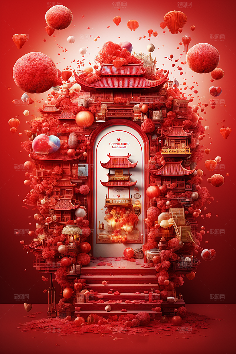 国潮电商展台立体中式元素背景