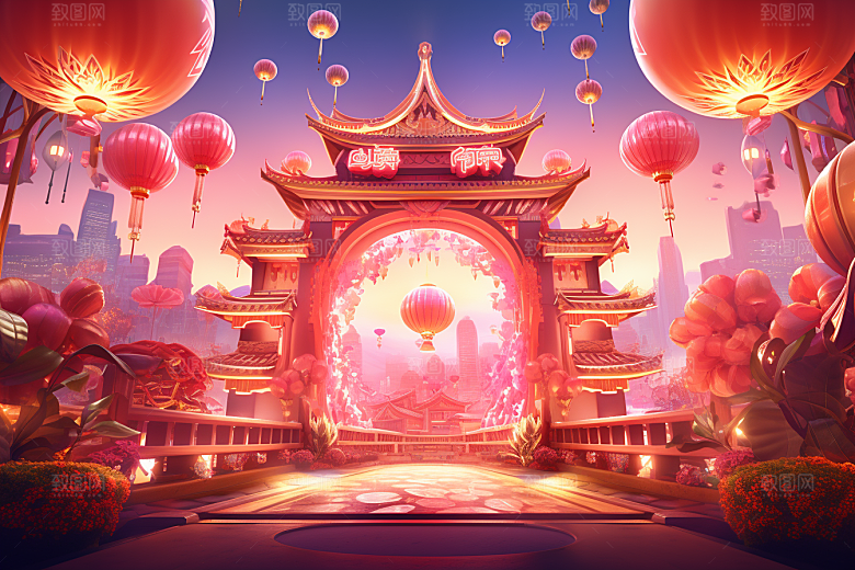 国潮电商展台春节中式元素背景