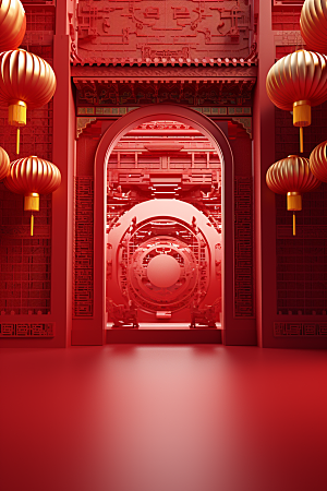 国潮电商展台中式元素红色背景