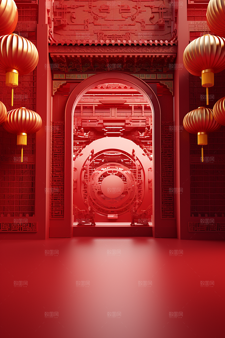 国潮电商展台中式元素红色背景