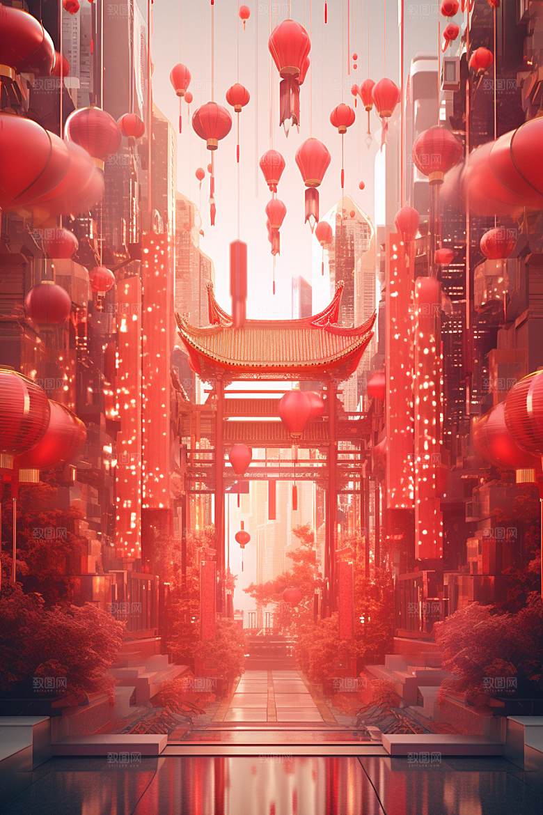 国潮电商展台礼品红色背景