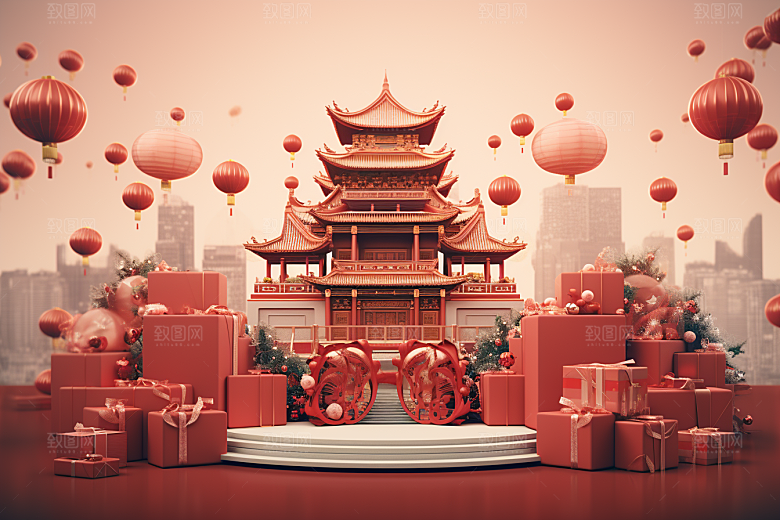 国潮电商展台春节礼品背景