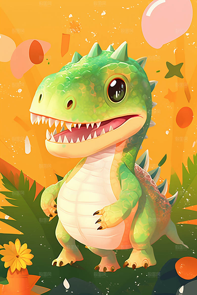 绿色小恐龙IP手绘插画