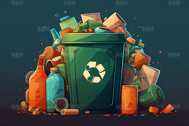 垃圾分类绿色垃圾桶插画