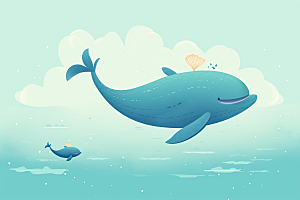 幻想天空鲸鱼童话手绘插画