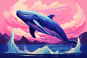 幻想天空鲸鱼手绘飞翔插画