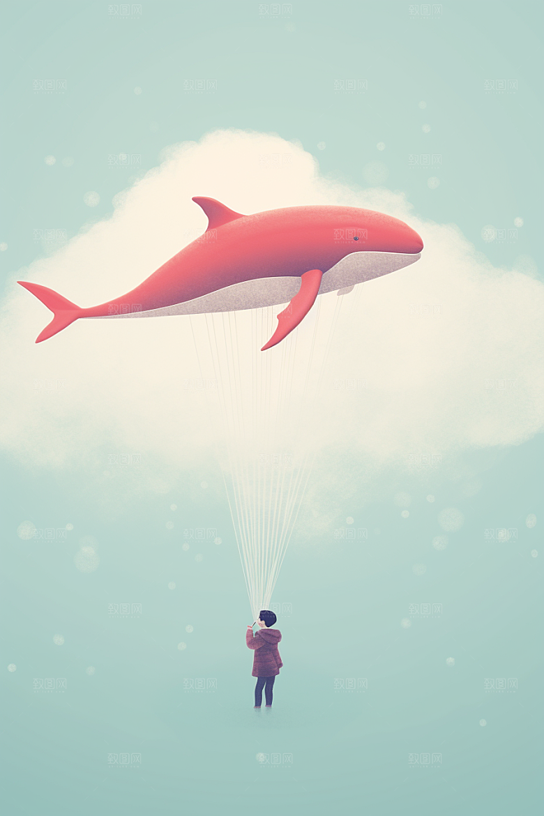 幻想天空鲸鱼飞翔幻想插画