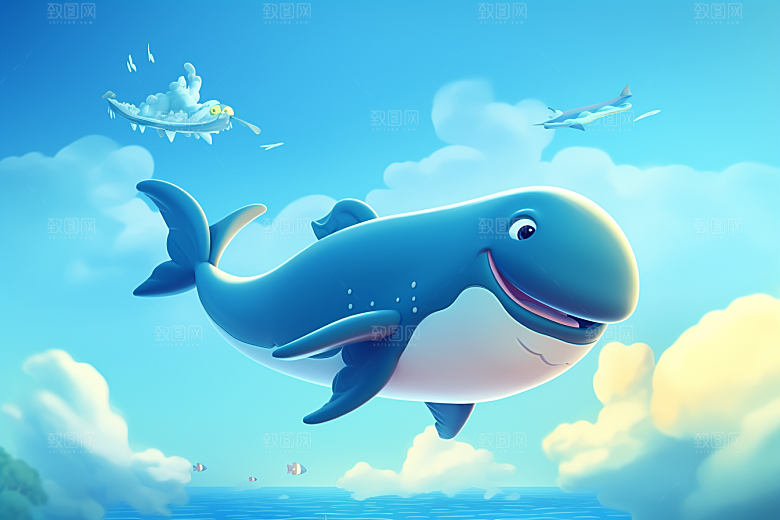 幻想天空鲸鱼孤独手绘插画