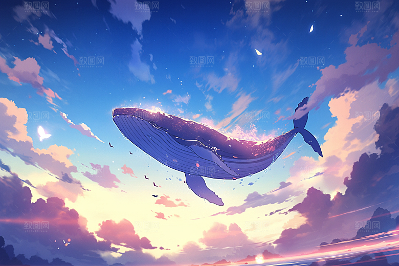 幻想天空鲸鱼手绘童话插画