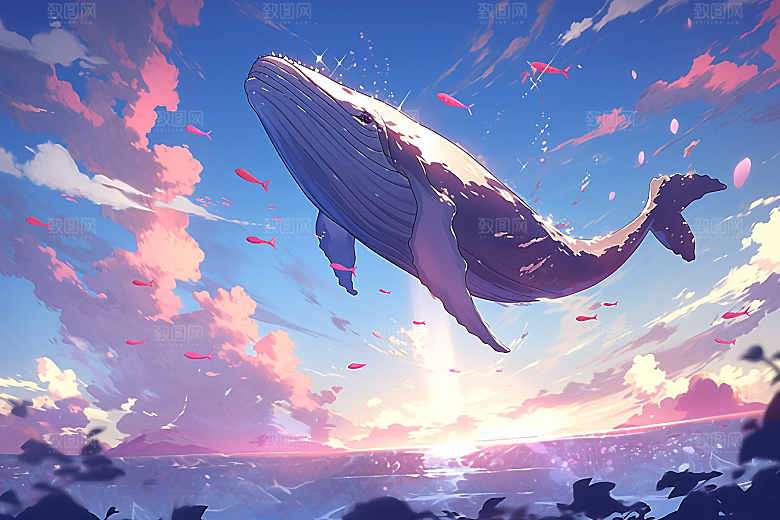 幻想天空鲸鱼飞翔鲲鹏插画