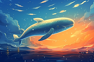 幻想天空鲸鱼鲲鹏手绘插画