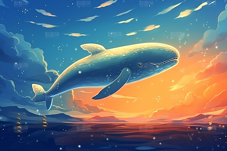 幻想天空鲸鱼鲲鹏手绘插画