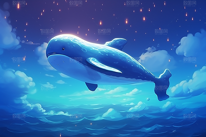 幻想天空鲸鱼美好幻想插画