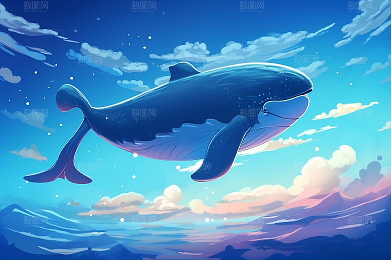 幻想天空鲸鱼飞翔鲲鹏插画