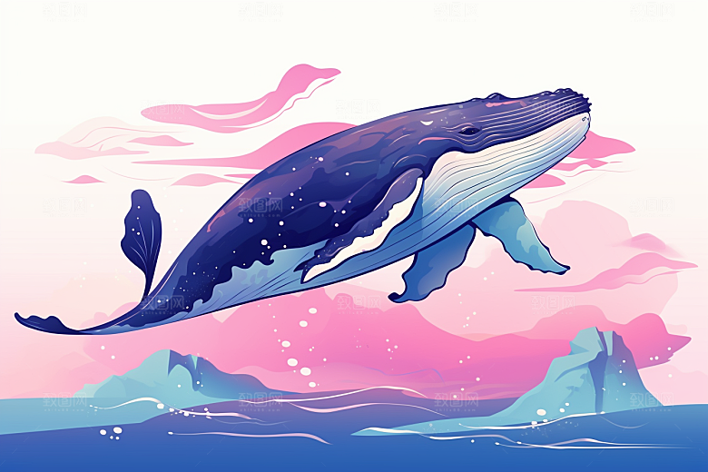 幻想天空鲸鱼幻想飞翔插画