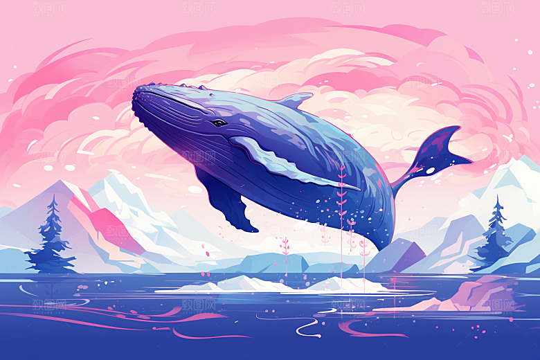 幻想天空鲸鱼手绘梦幻插画